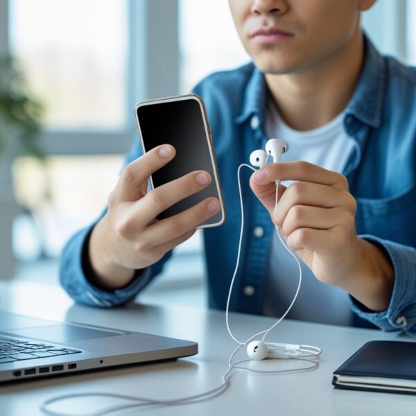 Pessoa sentada à mesa, segurando um celular e um fone de ouvido com fio, com expressão de dúvida.