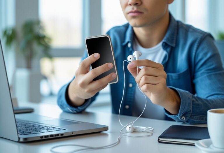 Pessoa sentada à mesa, segurando um celular e um fone de ouvido com fio, com expressão de dúvida.