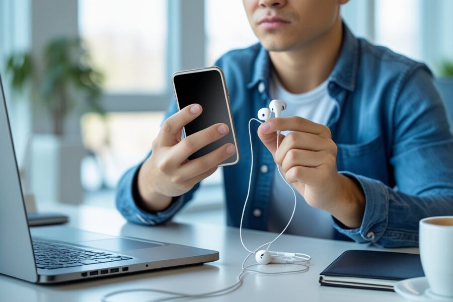 Pessoa sentada à mesa, segurando um celular e um fone de ouvido com fio, com expressão de dúvida.