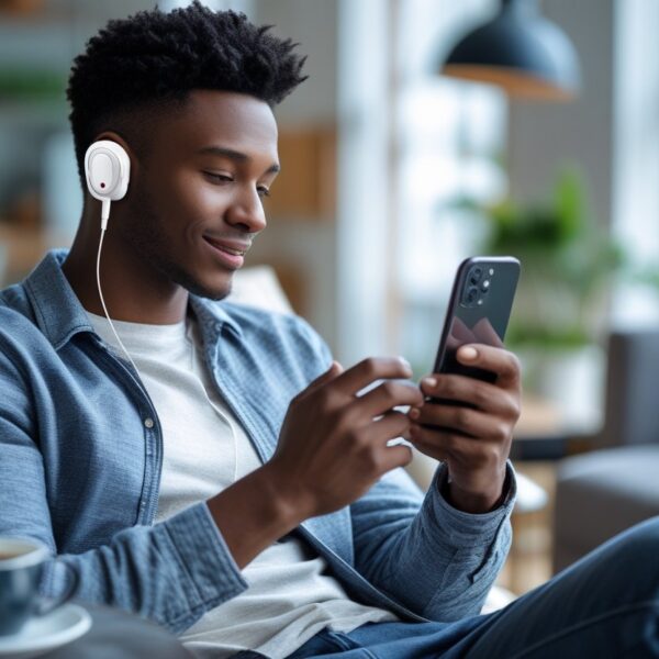 Pessoa usando fones de ouvido Bluetooth enquanto carrega o celular em um ambiente interno.