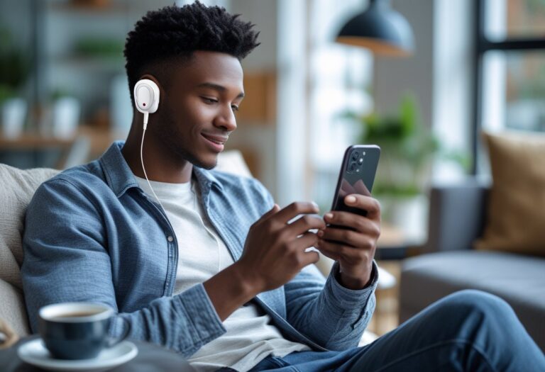 Pessoa usando fones de ouvido Bluetooth enquanto carrega o celular em um ambiente interno.