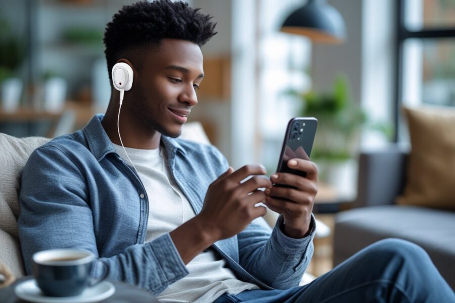 Pessoa usando fones de ouvido Bluetooth enquanto carrega o celular em um ambiente interno.