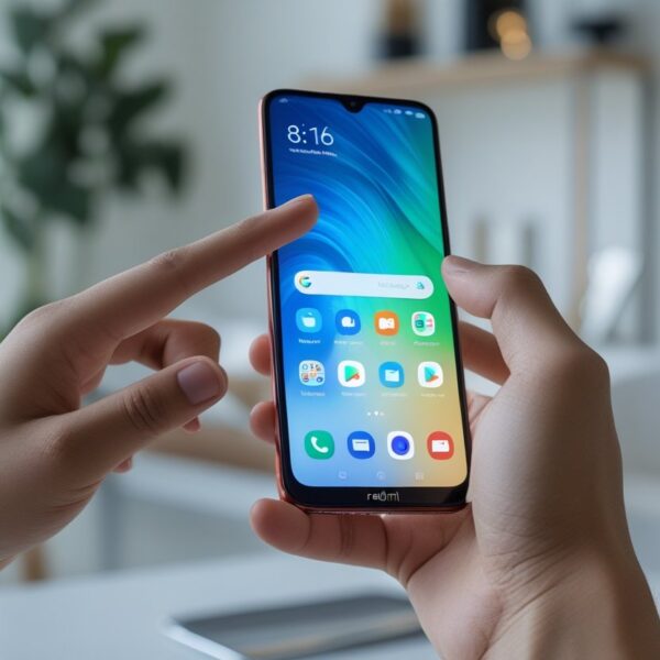 Pessoa segurando um smartphone Redmi e usando a tela sensível ao toque em um ambiente interno moderno e iluminado.