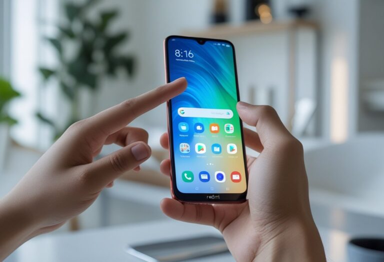 Pessoa segurando um smartphone Redmi e usando a tela sensível ao toque em um ambiente interno moderno e iluminado.