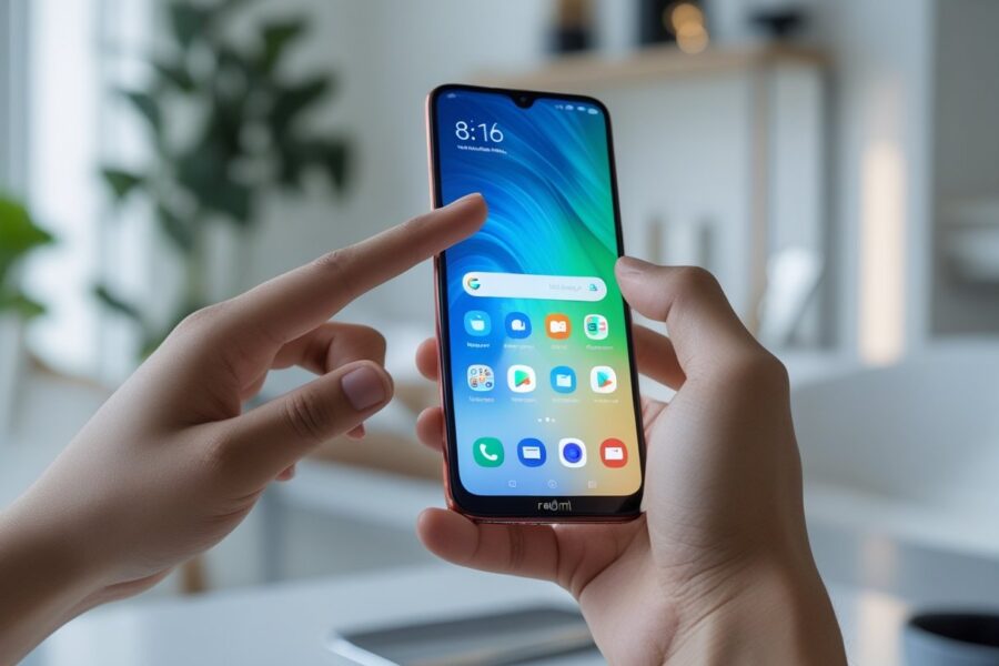 Pessoa segurando um smartphone Redmi e usando a tela sensível ao toque em um ambiente interno moderno e iluminado.