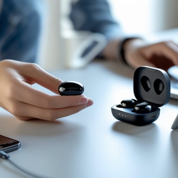Mãos segurando um fone Bluetooth próximo a um estojo de carregamento aberto sobre uma mesa moderna.