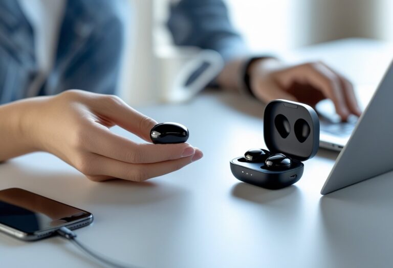 Mãos segurando um fone Bluetooth próximo a um estojo de carregamento aberto sobre uma mesa moderna.