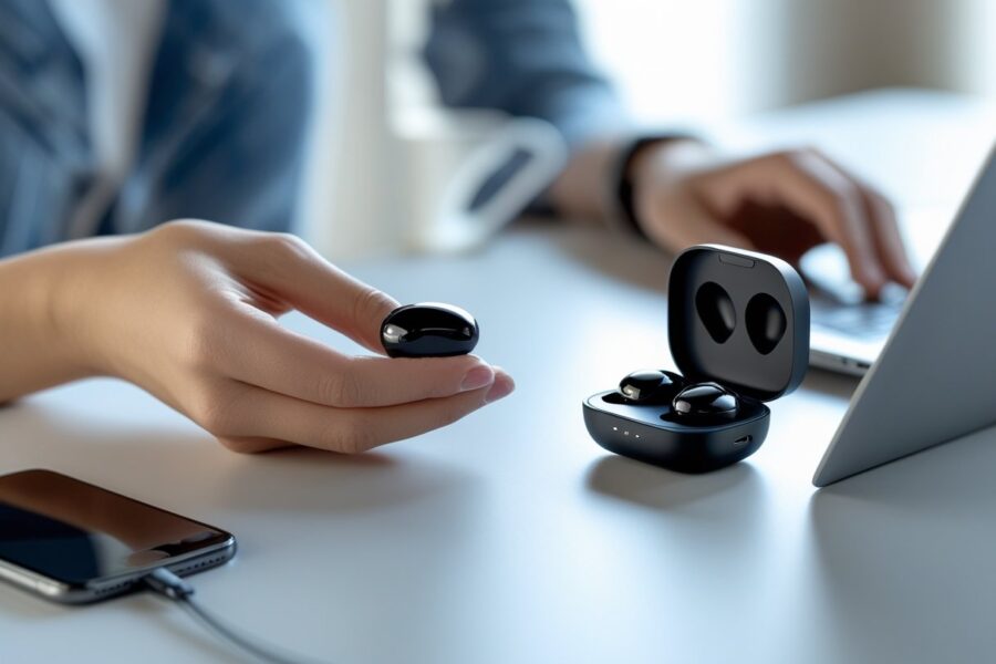 Mãos segurando um fone Bluetooth próximo a um estojo de carregamento aberto sobre uma mesa moderna.