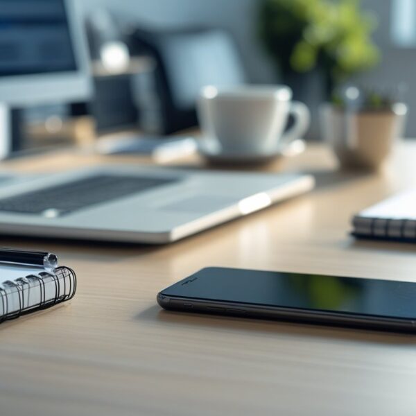 Mesa de escritório com um smartphone com som baixo, cercado por laptop, caderno, caneta e xícara de café.