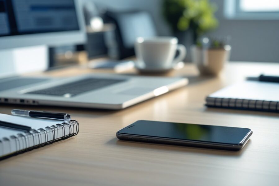 Mesa de escritório com um smartphone com som baixo, cercado por laptop, caderno, caneta e xícara de café.