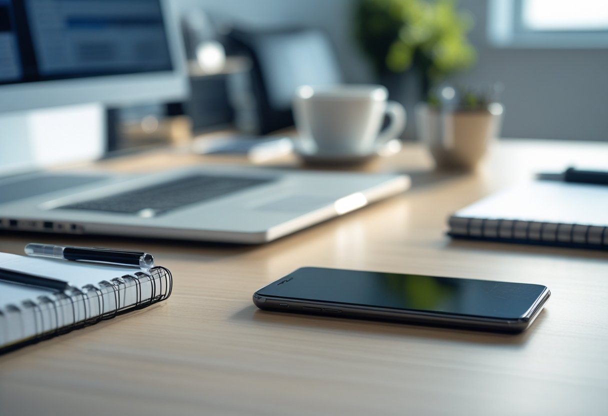 Mesa de escritório com um smartphone com som baixo, cercado por laptop, caderno, caneta e xícara de café.