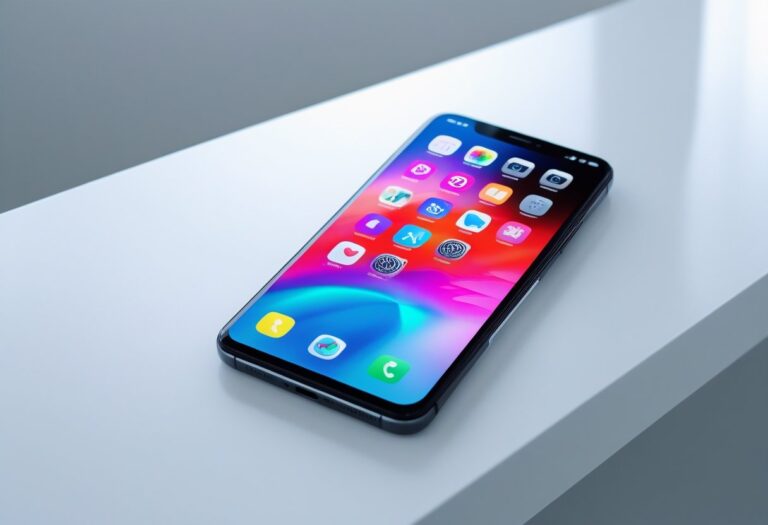 Um smartphone moderno sobre uma superfície branca e limpa, com a tela ligada mostrando ícones de aplicativos coloridos.