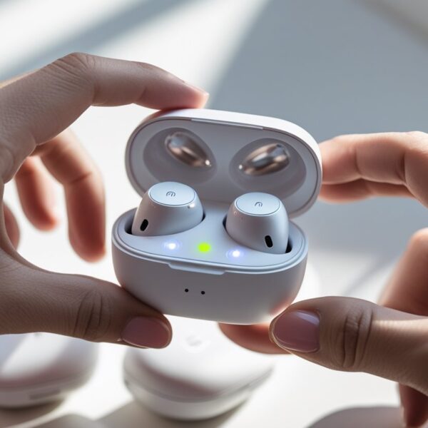 Pessoa segurando um estojo de carregamento aberto com fones de ouvido Redmi dentro, mostrando luzes indicadoras de carga.