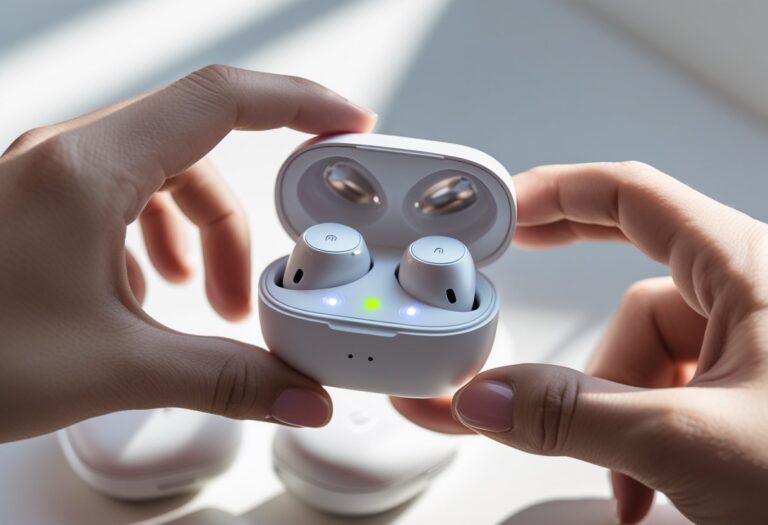 Pessoa segurando um estojo de carregamento aberto com fones de ouvido Redmi dentro, mostrando luzes indicadoras de carga.