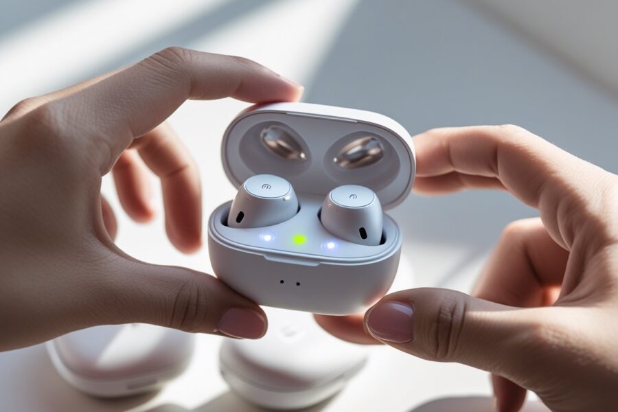 Pessoa segurando um estojo de carregamento aberto com fones de ouvido Redmi dentro, mostrando luzes indicadoras de carga.