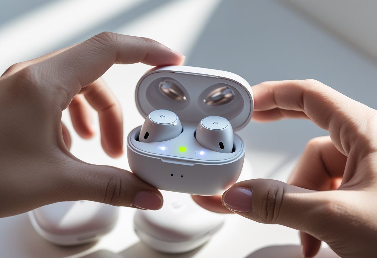 Pessoa segurando um estojo de carregamento aberto com fones de ouvido Redmi dentro, mostrando luzes indicadoras de carga.