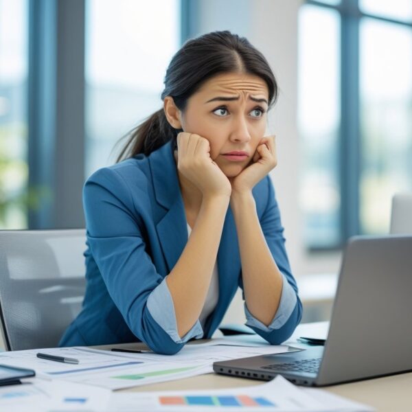 Mulher jovem pensativa sentada em uma mesa de escritório moderna, olhando de forma contemplativa e levemente confusa.