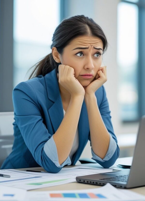 Mulher jovem pensativa sentada em uma mesa de escritório moderna, olhando de forma contemplativa e levemente confusa.