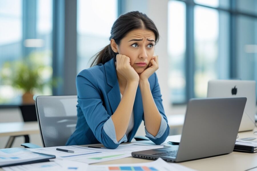 Mulher jovem pensativa sentada em uma mesa de escritório moderna, olhando de forma contemplativa e levemente confusa.