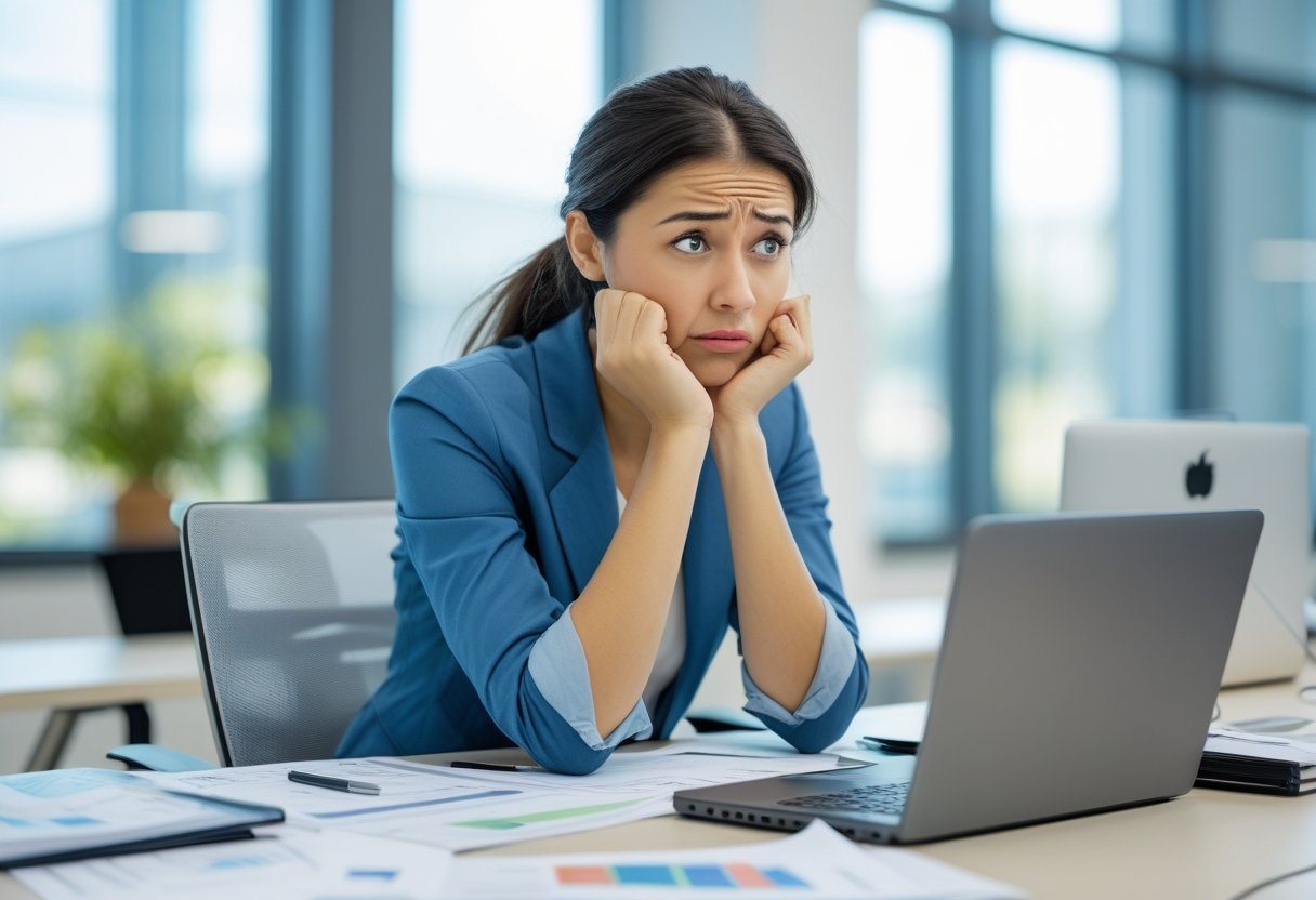 Mulher jovem pensativa sentada em uma mesa de escritório moderna, olhando de forma contemplativa e levemente confusa.