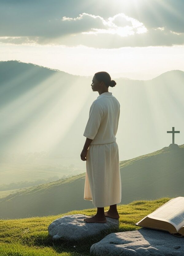Pessoa em pé no topo de uma colina iluminada pelo sol, olhando para um vale tranquilo, transmitindo paz e integridade.
