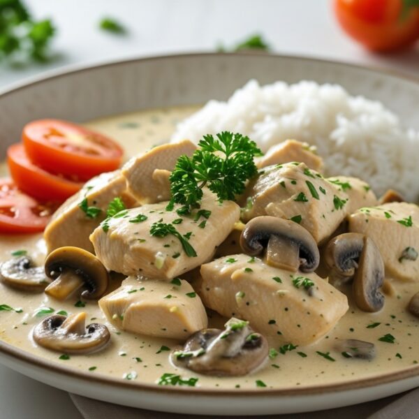 Prato de strogonoff de frango cremoso servido com arroz branco e tomate em uma mesa de cozinha.