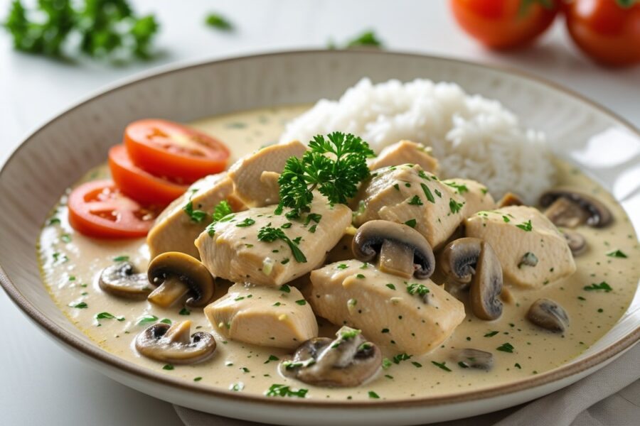 Prato de strogonoff de frango cremoso servido com arroz branco e tomate em uma mesa de cozinha.