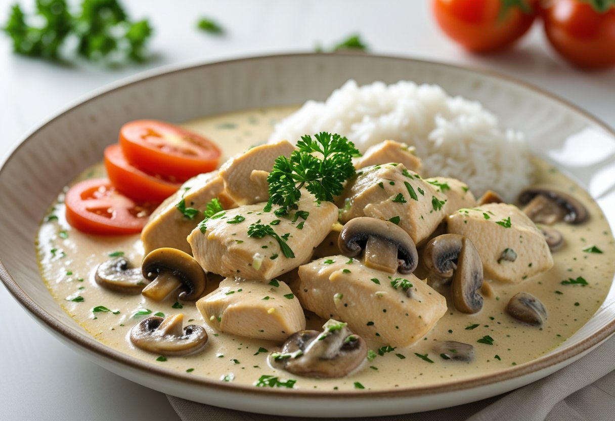 Prato de strogonoff de frango cremoso servido com arroz branco e tomate em uma mesa de cozinha.