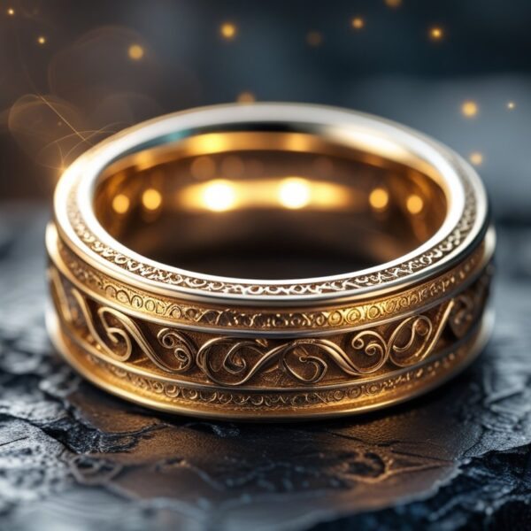 Close-up de um anel dourado com gravações antigas e detalhadas sobre uma superfície escura.