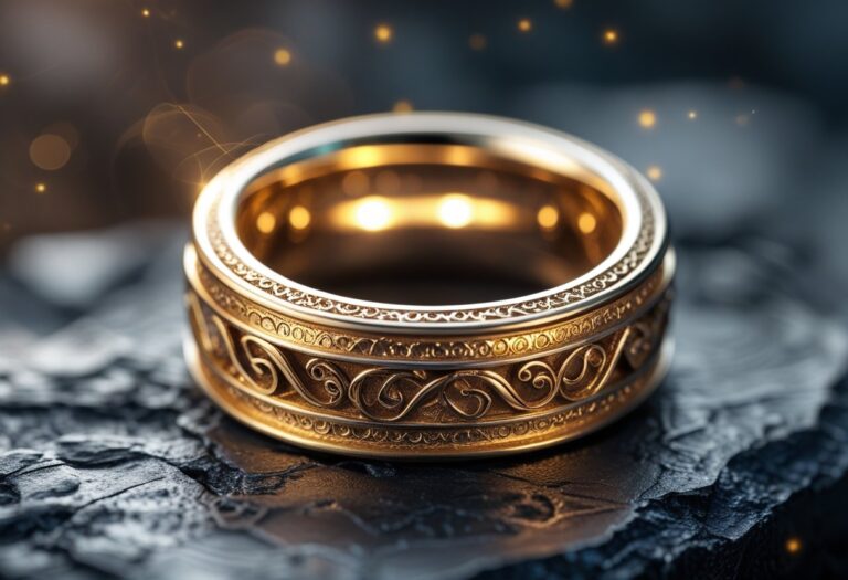 Close-up de um anel dourado com gravações antigas e detalhadas sobre uma superfície escura.