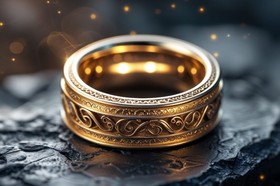 Close-up de um anel dourado com gravações antigas e detalhadas sobre uma superfície escura.
