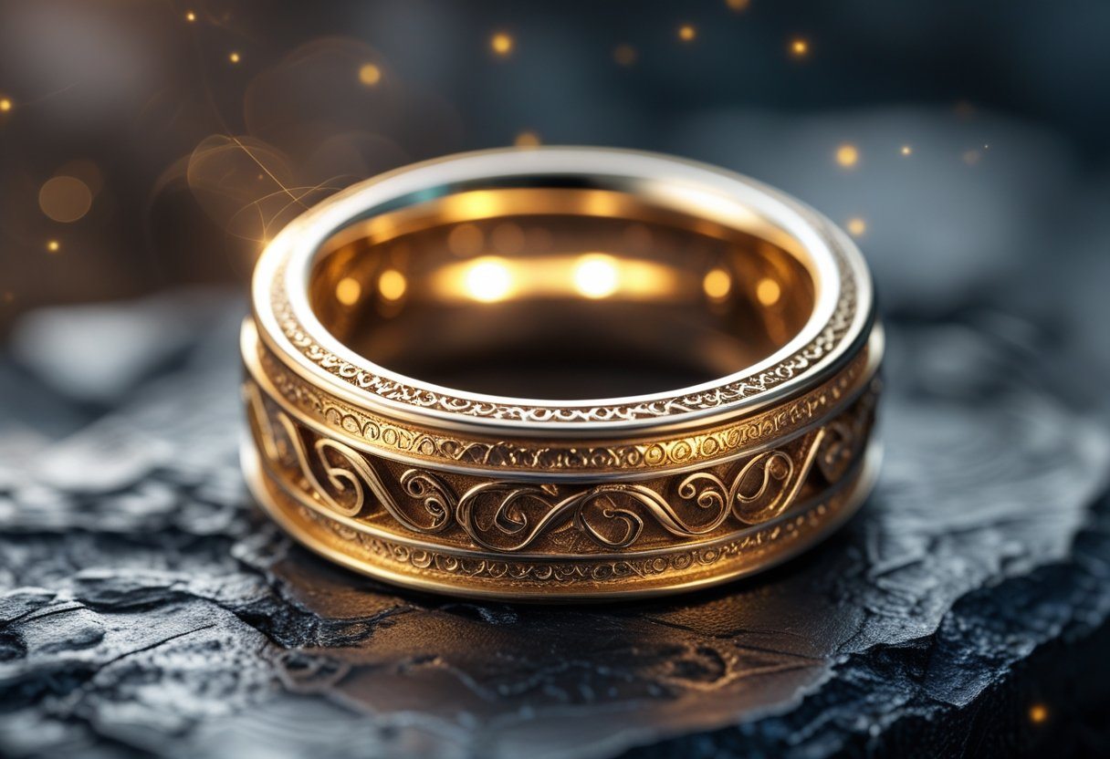 Close-up de um anel dourado com gravações antigas e detalhadas sobre uma superfície escura.
