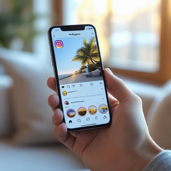 Pessoa segurando um smartphone mostrando o perfil do Instagram com a seção de destaques de stories visível.