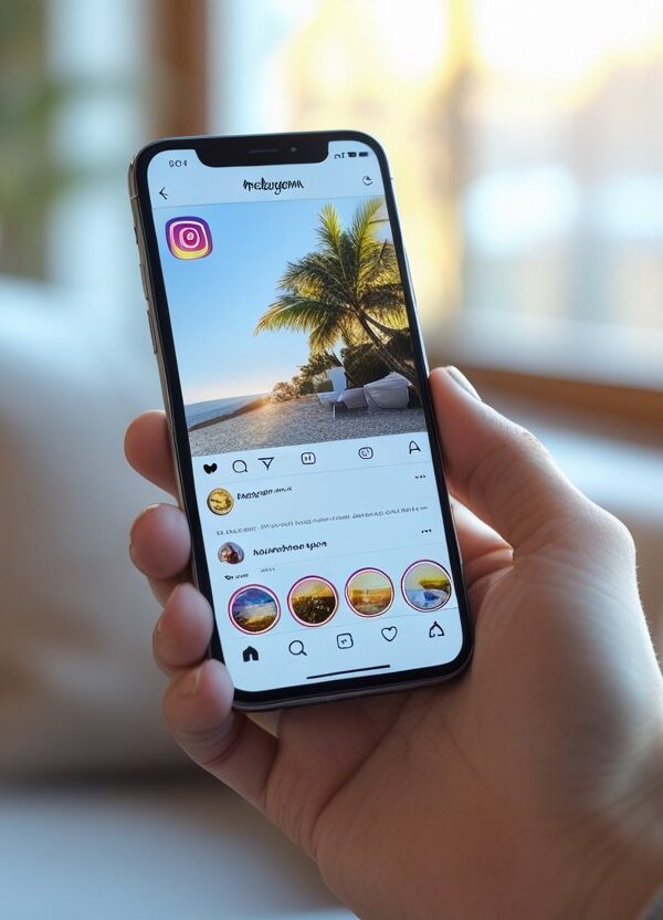 Pessoa segurando um smartphone mostrando o perfil do Instagram com a seção de destaques de stories visível.