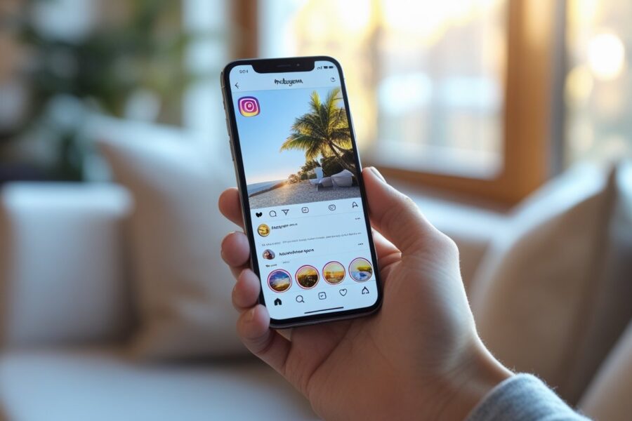 Pessoa segurando um smartphone mostrando o perfil do Instagram com a seção de destaques de stories visível.