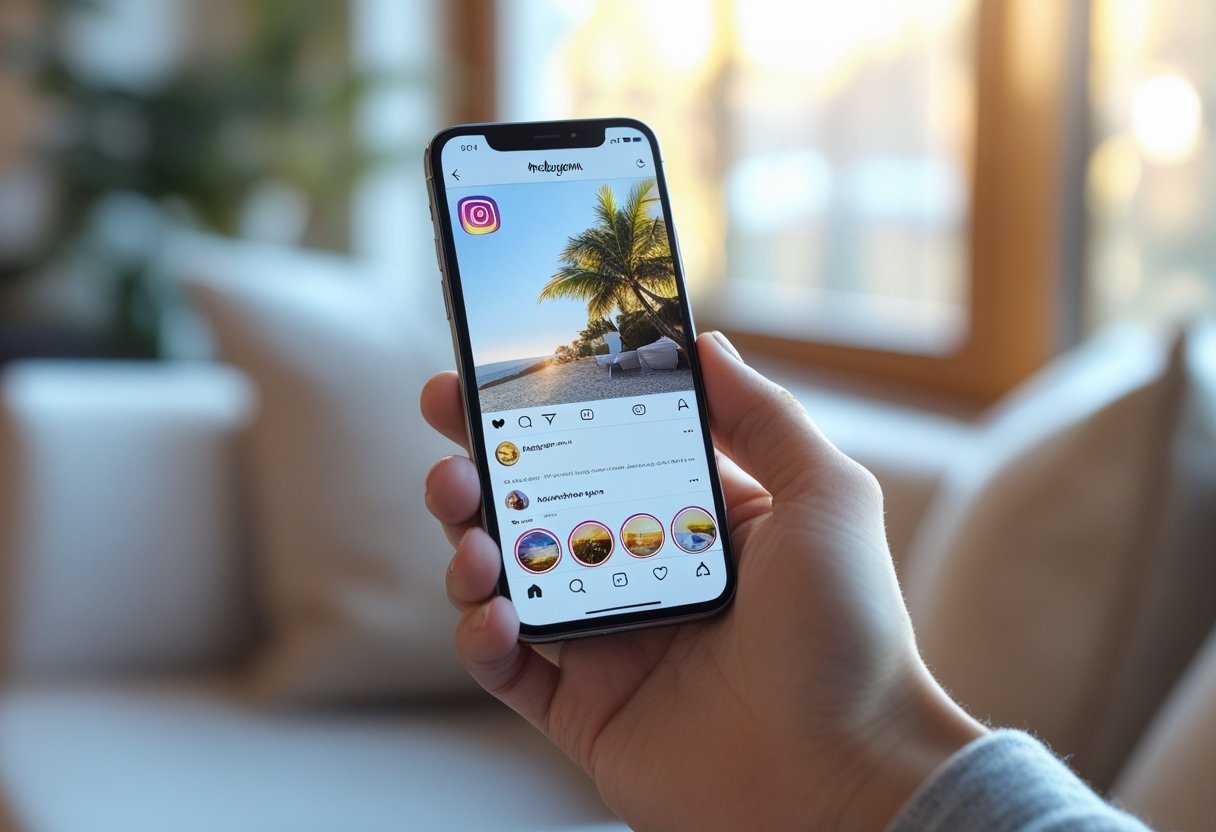 Pessoa segurando um smartphone mostrando o perfil do Instagram com a seção de destaques de stories visível.