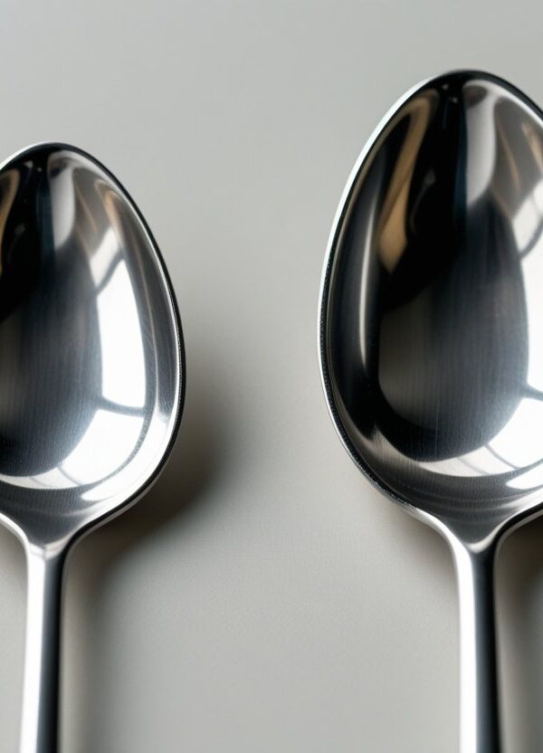 Duas colheres de metal, uma de chá e outra de café, colocadas lado a lado sobre uma superfície neutra.