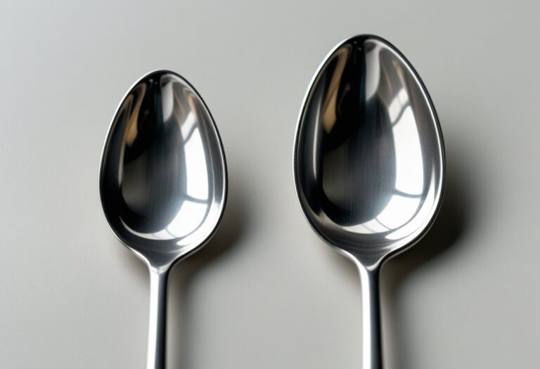 Duas colheres de metal, uma de chá e outra de café, colocadas lado a lado sobre uma superfície neutra.