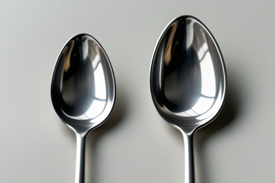 Duas colheres de metal, uma de chá e outra de café, colocadas lado a lado sobre uma superfície neutra.