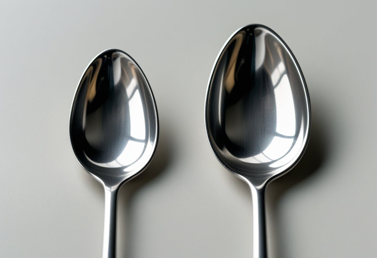 Duas colheres de metal, uma de chá e outra de café, colocadas lado a lado sobre uma superfície neutra.