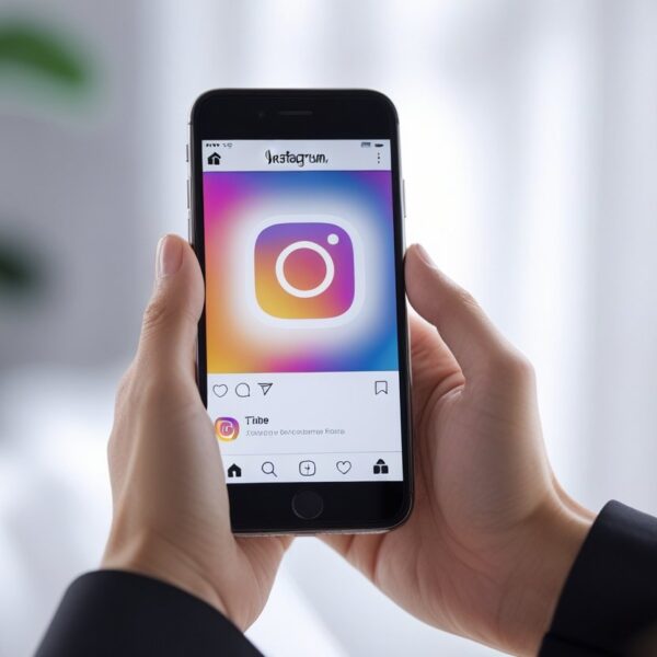 Pessoa segurando um celular mostrando um perfil do Instagram vazio ou inacessível.