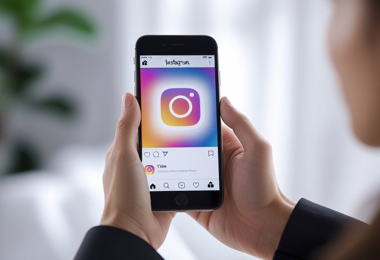 Pessoa segurando um celular mostrando um perfil do Instagram vazio ou inacessível.