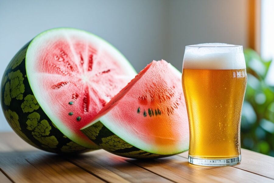 Melancia fatiada ao lado de um copo de cerveja gelada sobre uma mesa de madeira.
