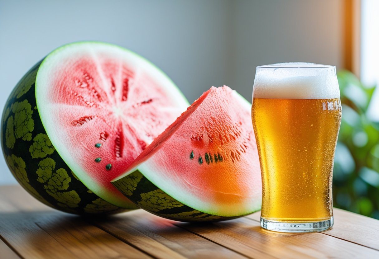 Melancia fatiada ao lado de um copo de cerveja gelada sobre uma mesa de madeira.
