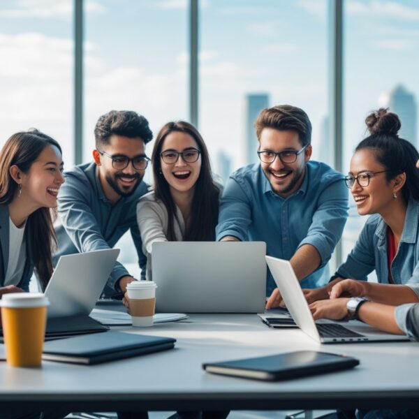 Grupo de jovens adultos colaborando animadamente em uma mesa de escritório moderna, com laptops e cadernos, transmitindo trabalho em equipe e adaptabilidade.