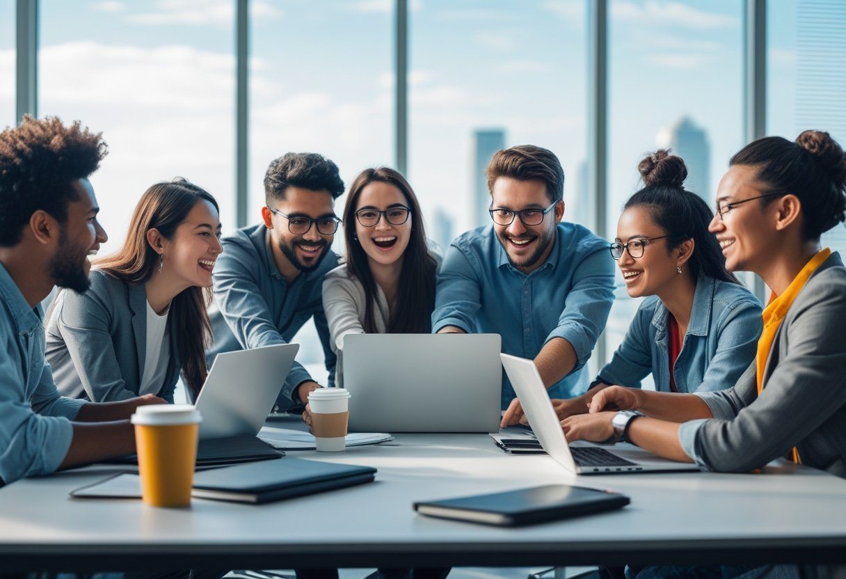 Grupo de jovens adultos colaborando animadamente em uma mesa de escritório moderna, com laptops e cadernos, transmitindo trabalho em equipe e adaptabilidade.
