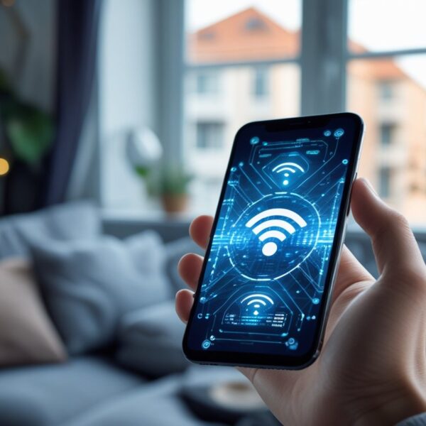 Pessoa segurando um smartphone com uma interface digital de sinais de Wi-Fi em um ambiente de apartamento urbano.