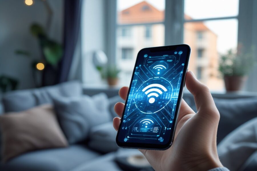 Pessoa segurando um smartphone com uma interface digital de sinais de Wi-Fi em um ambiente de apartamento urbano.