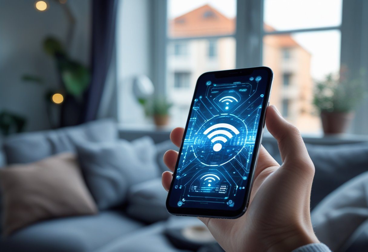 Pessoa segurando um smartphone com uma interface digital de sinais de Wi-Fi em um ambiente de apartamento urbano.