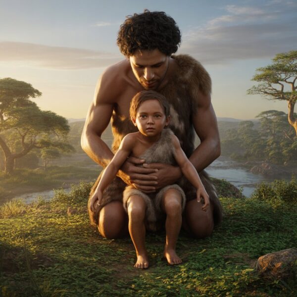 Uma figura humana jovem sendo amparada por um adulto em uma paisagem natural antiga ao amanhecer.